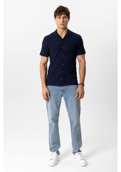 Lacivert Regular Fit Küba Yaka Örme Kısa Kollu Gömlek