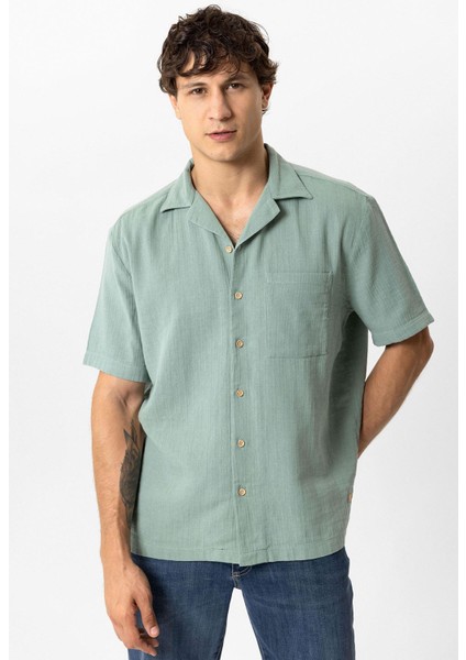Yeşil Relaxed Fit Küba Yaka Kısa Kollu Gömlek fiyatları