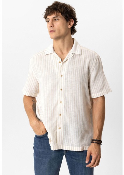 Bej Relaxed Fit Kısa Kollu Çizgili Keten Gömlek fiyatları