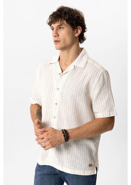 Bej Relaxed Fit Kısa Kollu Çizgili Keten Gömlek modelleri