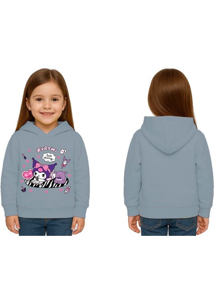 Unisex Baskılı Çocuk Swaetshirt Kapüşonlu 3 Iplik Şardonlu Kuromi Baskılı