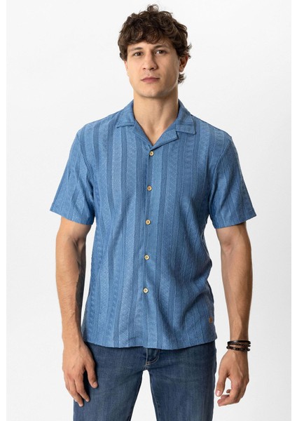 Mavi Regular Fit Küba Yaka Örme Kısa Kollu Gömlek