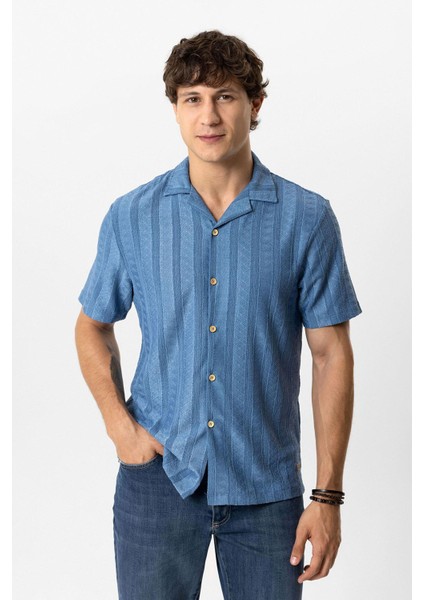 Mavi Regular Fit Küba Yaka Örme Kısa Kollu Gömlek fiyatları