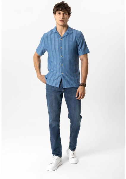 Mavi Regular Fit Küba Yaka Örme Kısa Kollu Gömlek
