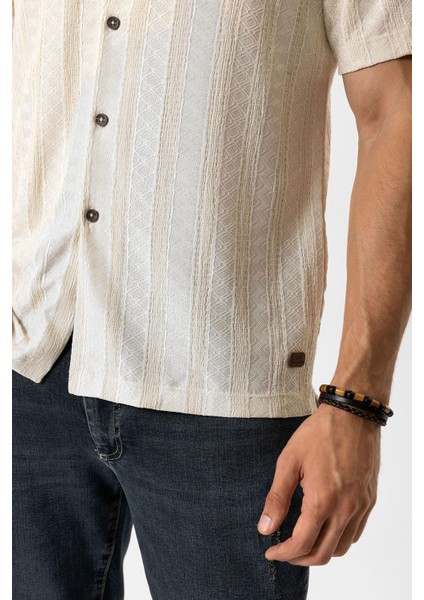 Bej Regular Fit Küba Yaka Örme Kısa Kollu Gömlek indirimleri