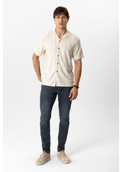 Bej Regular Fit Küba Yaka Örme Kısa Kollu Gömlek