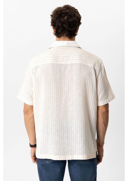 Bej Relaxed Fit Kısa Kollu Çizgili Keten Gömlek indirimleri