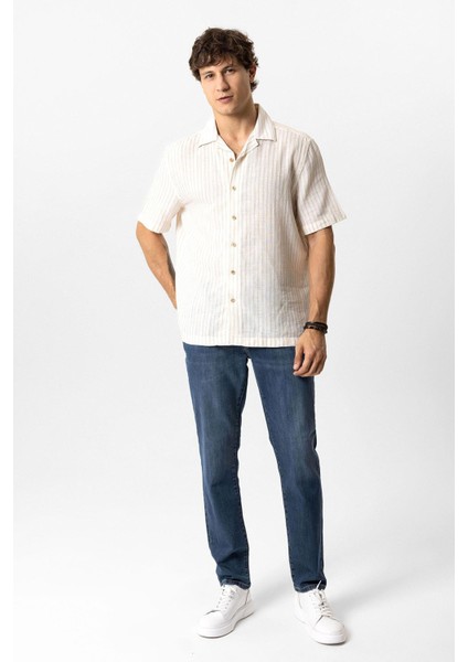 Bej Relaxed Fit Kısa Kollu Çizgili Keten Gömlek