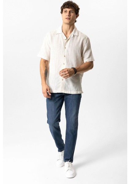 Bej Relaxed Fit Kısa Kollu Çizgili Keten Gömlek