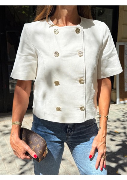 Kadın Gold Düğme Crop Taş Keten Ceket fiyatları