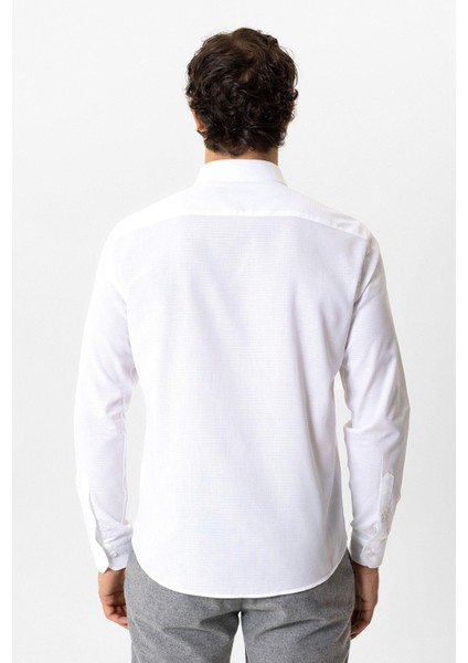 Beyaz Slim Fit Armürlü %100 Pamuk Gömlek