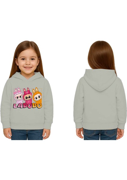 Unisex Baskılı Çocuk Swaetshirt Labubu Baskılı Kapüşonlu 3 Iplik Şardonlu