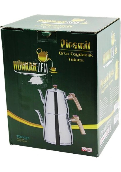 Piramit Orta Boy Çelik Çaydanlık Seti - Takımı Renkli Bakalit Kulp Üst Demlik : 1.1lt - Alt Suluk: 2lt Kendinden Süzgeçli (5047)