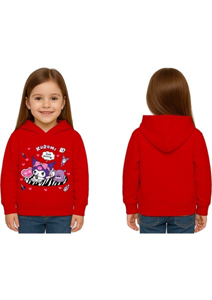 Unisex Baskılı Çocuk Swaetshirt Kapüşonlu 3 Iplik Şardonlu Kuromi Baskılı