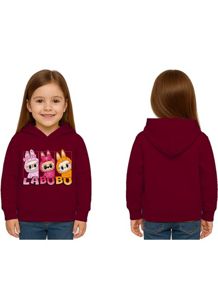 Unisex Baskılı Çocuk Swaetshirt Labubu Baskılı Kapüşonlu 3 Iplik Şardonlu