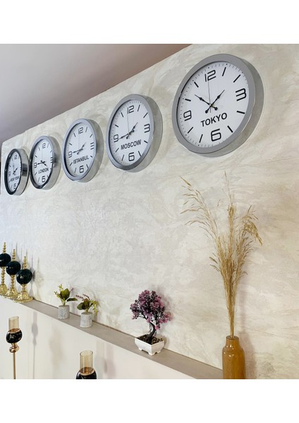 Ülke Başkentleri Duvar Saati 36 cm Krom Metal 5’li Seti