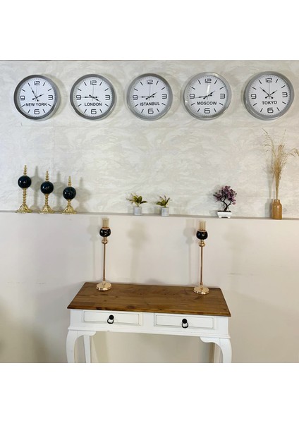 Ülke Başkentleri Duvar Saati 36 cm Krom Metal 5’li Seti modelleri