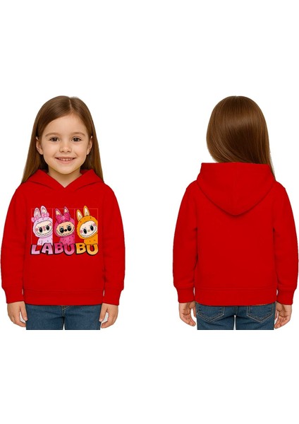 Unisex Baskılı Çocuk Swaetshirt Labubu Baskılı Kapüşonlu 3 Iplik Şardonlu
