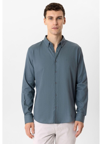 Gri Slim Fit Armürlü %100 Pamuk Gömlek