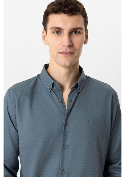 Gri Slim Fit Armürlü %100 Pamuk Gömlek modelleri