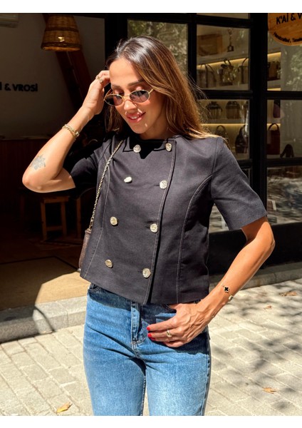 Kadın Gold Düğme Crop Siyah Keten Ceket