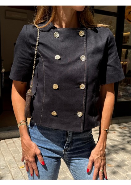 Kadın Gold Düğme Crop Siyah Keten Ceket fiyatları