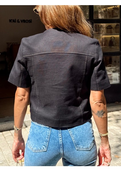 Kadın Gold Düğme Crop Siyah Keten Ceket modelleri