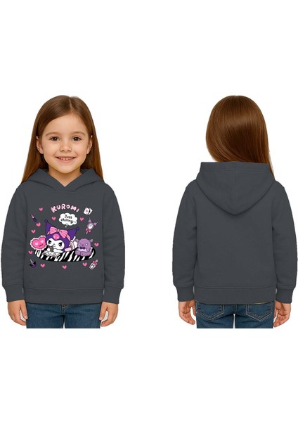 Unisex Baskılı Çocuk Swaetshirt Kapüşonlu 3 Iplik Şardonlu Kuromi Baskılı