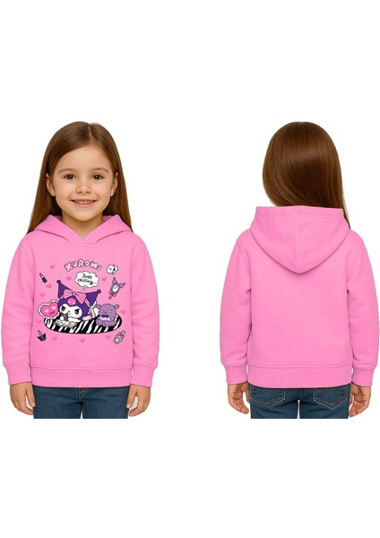 Unisex Baskılı Çocuk Swaetshirt Kapüşonlu 3 Iplik Şardonlu Kuromi Baskılı