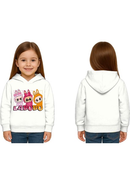 Unisex Baskılı Çocuk Swaetshirt Labubu Baskılı Kapüşonlu 3 Iplik Şardonlu