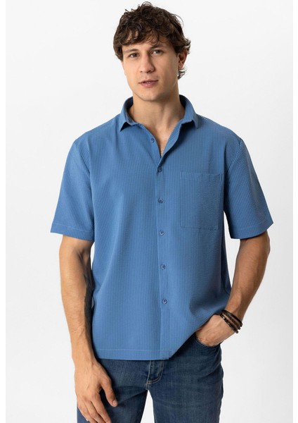 Lacivert Relaxed Fit Küba Yaka Kısa Kollu Gömlek