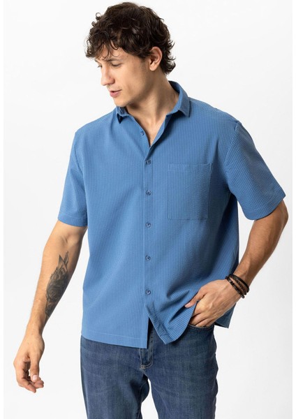 Lacivert Relaxed Fit Küba Yaka Kısa Kollu Gömlek fiyatları