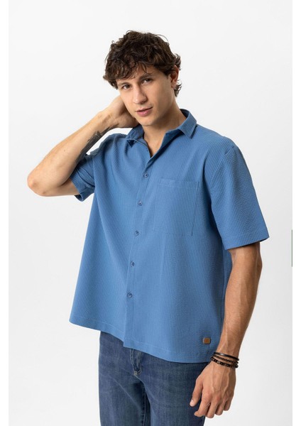 Lacivert Relaxed Fit Küba Yaka Kısa Kollu Gömlek modelleri