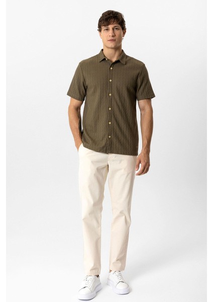Haki Regular Fit Kısa Kollu Desenli Örme Gömlek