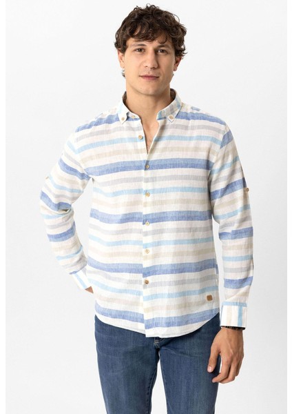 Mavi Regular Fit Çizgili Keten Gömlek