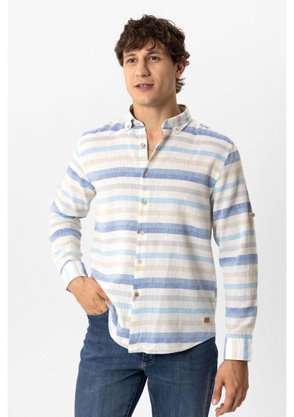 Mavi Regular Fit Çizgili Keten Gömlek fiyatları