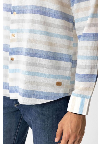 Mavi Regular Fit Çizgili Keten Gömlek modelleri