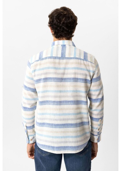Mavi Regular Fit Çizgili Keten Gömlek fırsatları