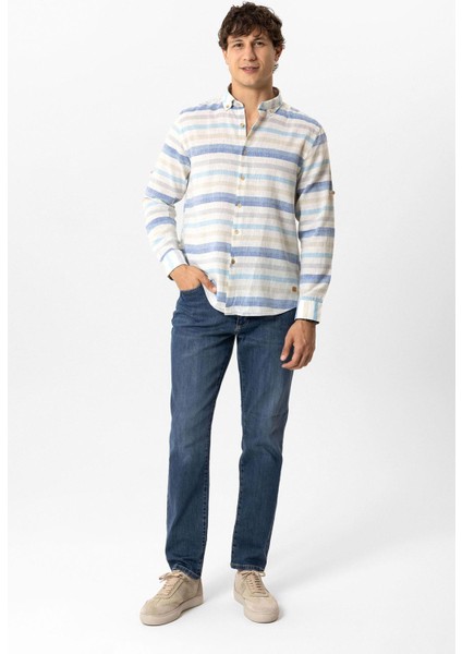Mavi Regular Fit Çizgili Keten Gömlek indirimleri