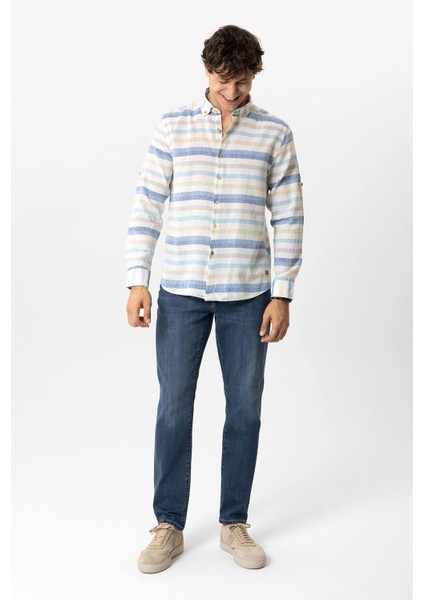 Mavi Regular Fit Çizgili Keten Gömlek