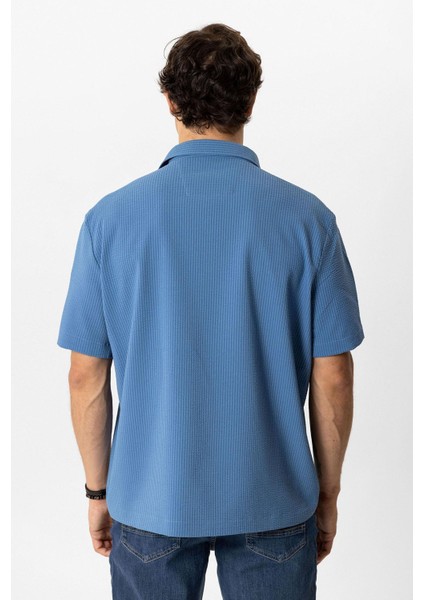 Lacivert Relaxed Fit Küba Yaka Kısa Kollu Gömlek