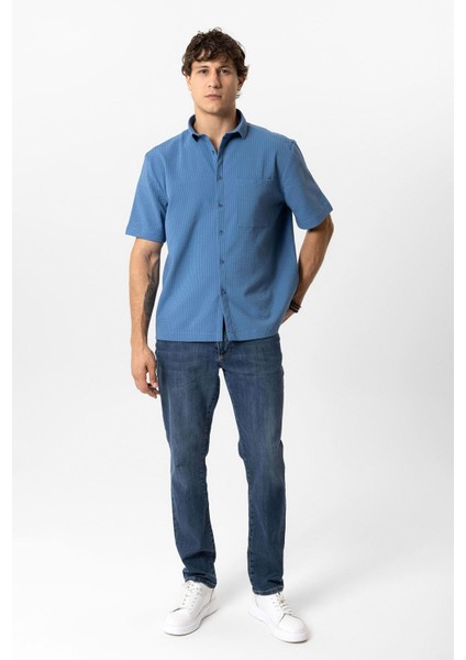 Lacivert Relaxed Fit Küba Yaka Kısa Kollu Gömlek