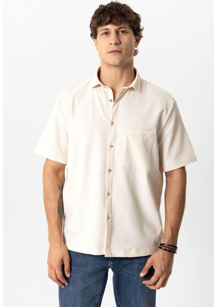 Bej Relaxed Fit Küba Yaka Kısa Kollu Gömlek