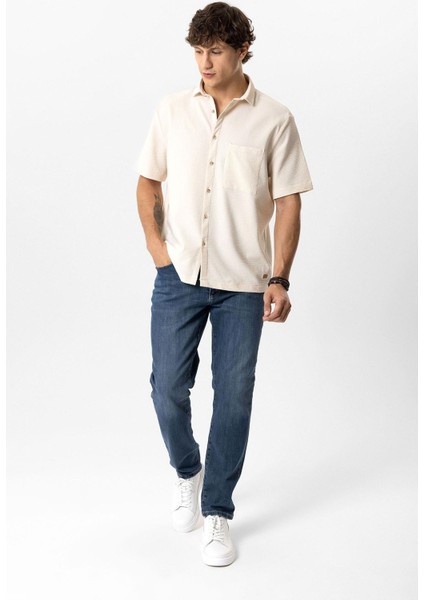 Bej Relaxed Fit Küba Yaka Kısa Kollu Gömlek
