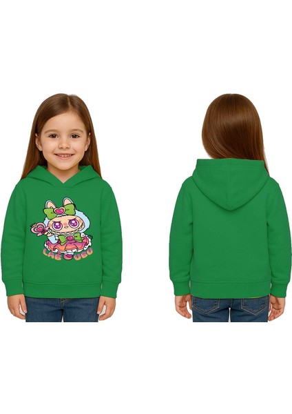 Unisex Baskılı Çocuk Swaetshirt Labubu Baskılı Kapüşonlu 3 Iplik Şardonlu