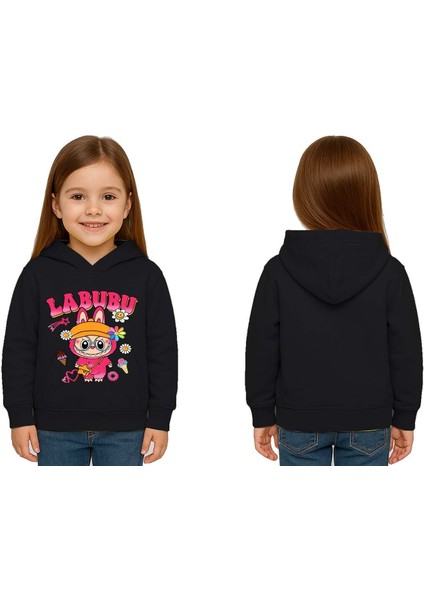 Unisex Baskılı Çocuk Swaetshirt Labubu Baskılı Kapüşonlu 3 Iplik Şardonlu