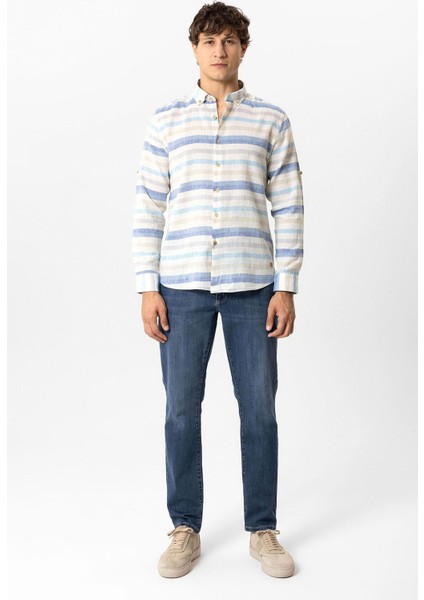 Mavi Regular Fit Çizgili Keten Gömlek