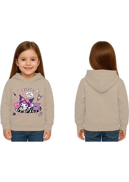 Unisex Baskılı Çocuk Swaetshirt Kapüşonlu 3 Iplik Şardonlu Kuromi Baskılı
