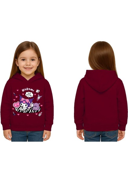 Unisex Baskılı Çocuk Swaetshirt Kapüşonlu 3 Iplik Şardonlu Kuromi Baskılı