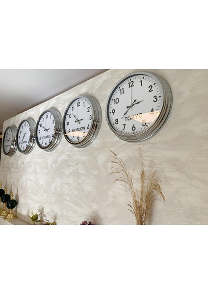 Ülke Saatleri Klasik Duvar Saati 40 cm Krom Metal 5’li Seti